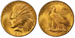 1907 $10 Cabeza de indio con borde enrollado