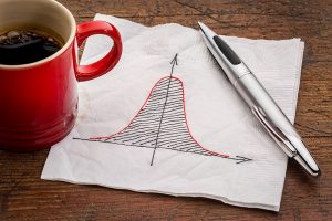 Curva de Gauss o gráfico de distribución normal sobre una servilleta blanca con una taza de café.